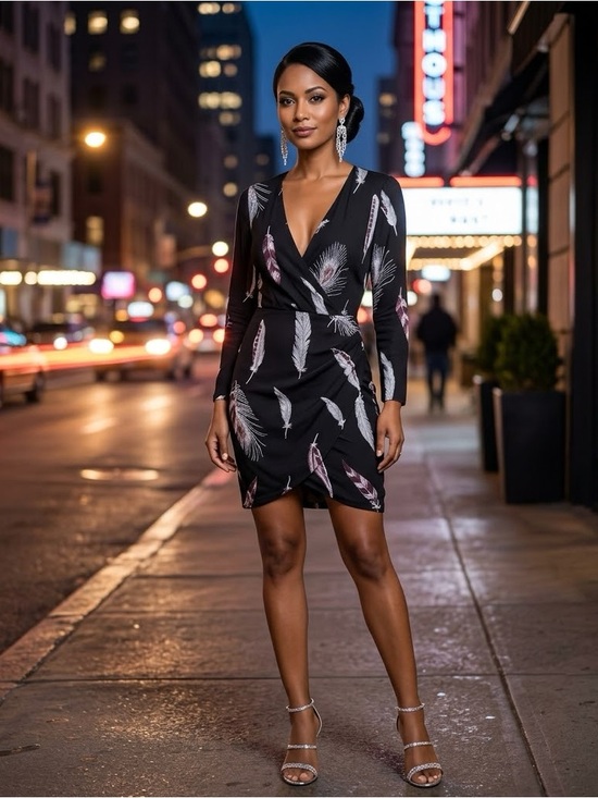 Line & Dot Dresses & Skirts - Line & Dot Black Feather Print Surplice Faux Wrap Mini Dress V-Neck